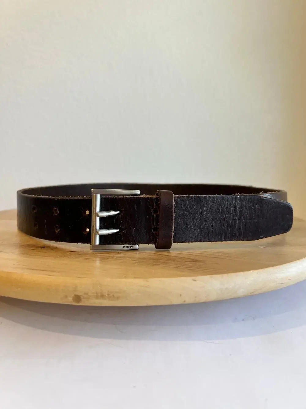 DKNY Brown Full Grain Genuine Leather Silver Double Buckle Belt Size Medium